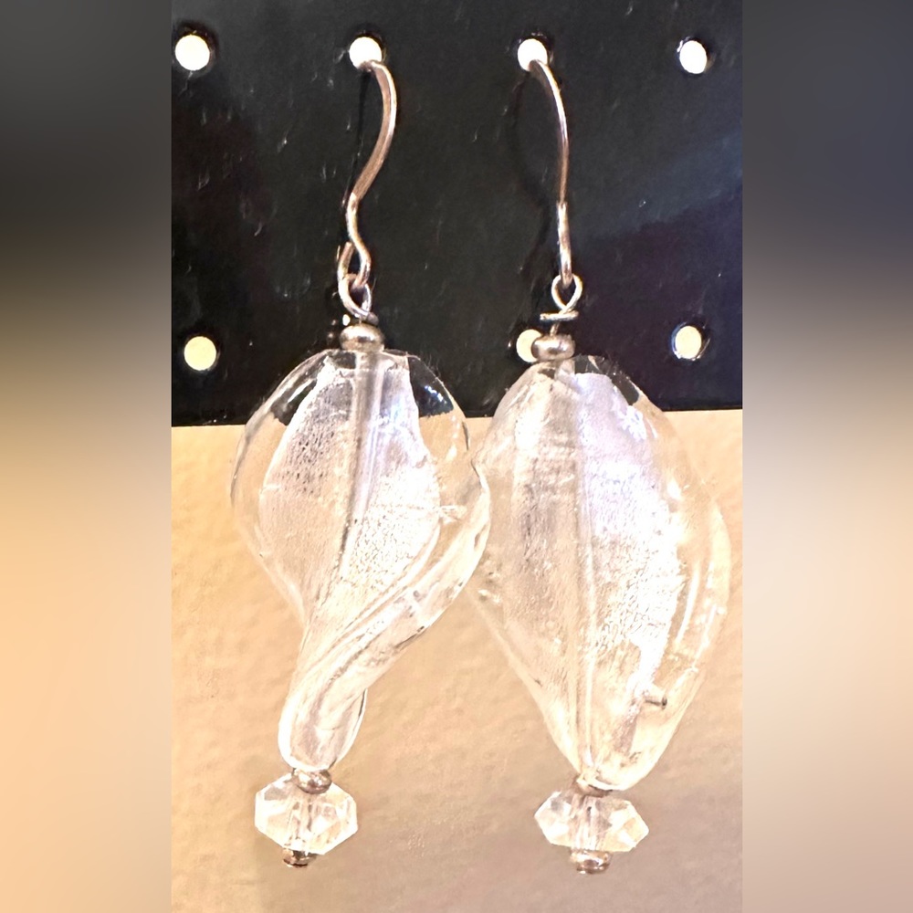 Swirling Crystal/Silver Earrings, HandBlown Glass Sterling, Vintage Crystal drop